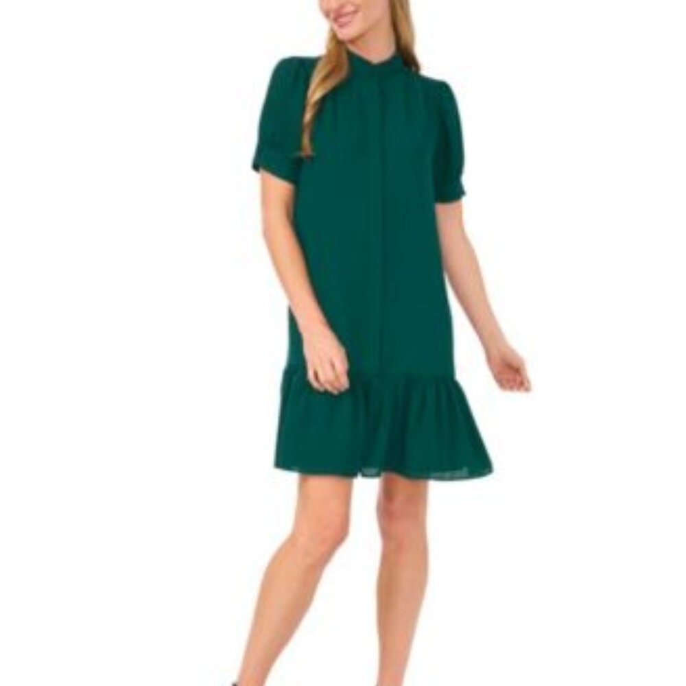Women's Open Collar Hidden Placket Dress Green Size XS